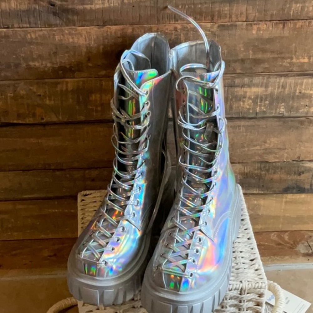 Dolls Kill Silver Holographic Combat Boots